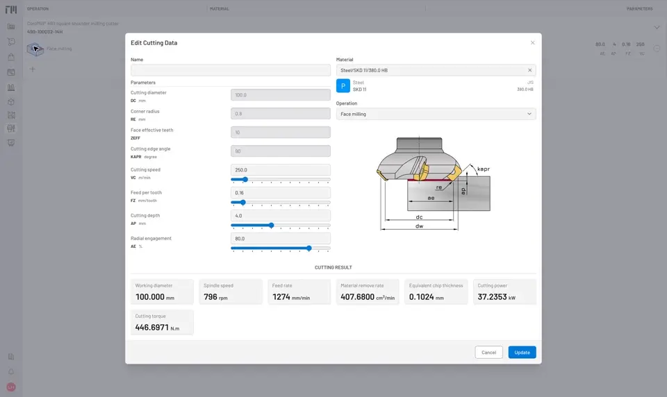 Cutting data for a face milling operation with tool geometry, material, and cutting parameters