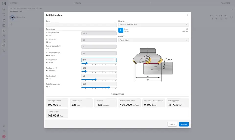 Filled cutting data inputs with updated spindle speed, feed rate, material removal rate, power, and torque results