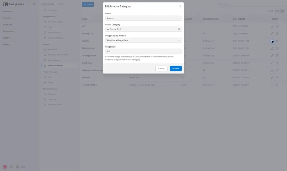 Internal category editing form with the usage costing method and rate fields
