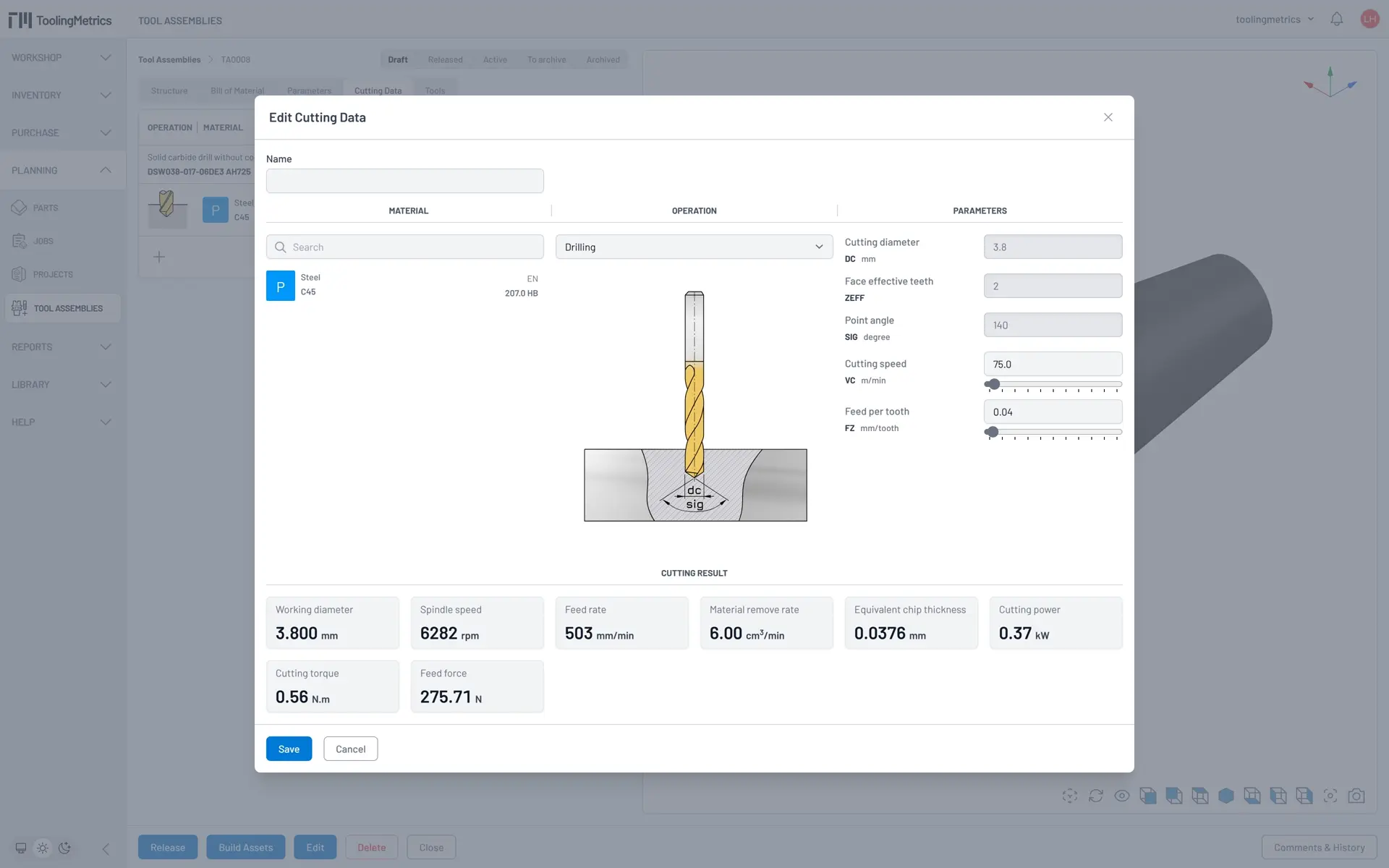 Calculate cutting data for drilling operation