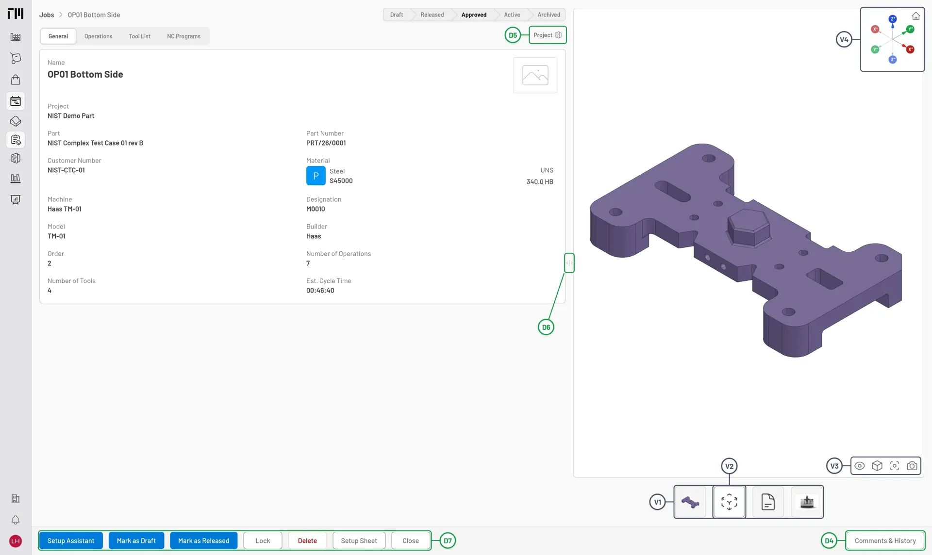 A job with its part’s 3D model in the attachments viewer, with the project reference D5, resize handle D6, bottom toolbar D7, Comments & History button D4, attachments switcher V1, active attachment V2, CAD toolbar V3, and view cube V4 outlined and numbered