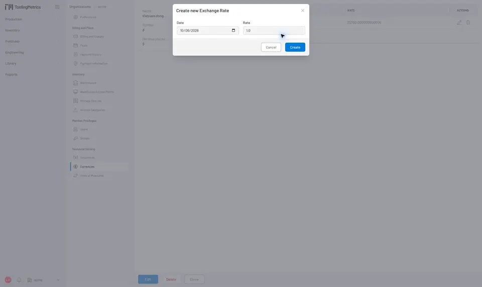 Vietnam dong exchange rate history and the new rate dialog with date and rate fields