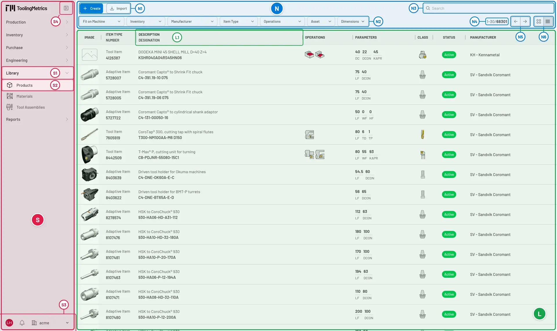The Library > Products list in table view, with the sidebar S, the navigation bar N, and the document list L outlined, and their parts numbered S1 to S4, N1 to N6, and L1