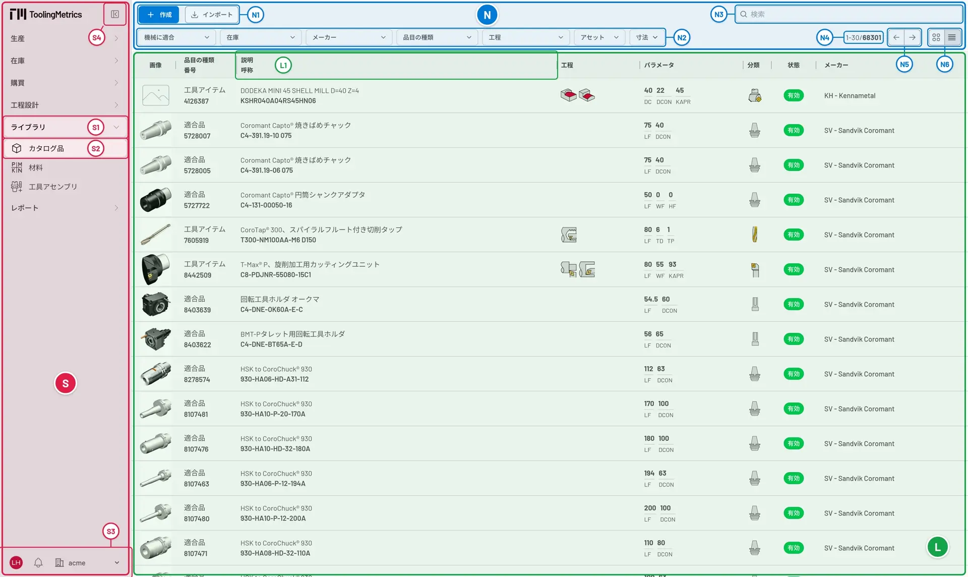ライブラリ → カタログ品の一覧(テーブル表示)。サイドバーS、ナビゲーションバーN、文書一覧Lが枠で囲まれ、各部にS1〜S4、N1〜N6、L1の番号が付いている