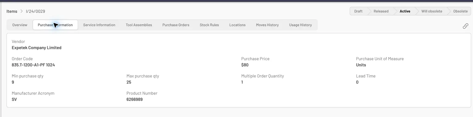 Purchase Information tab showing the synced item’s order code and vendor-specific purchasing details.