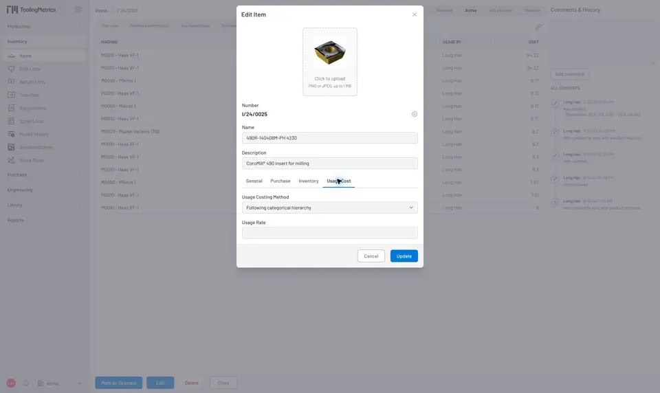 Item usage cost settings using the category hierarchy