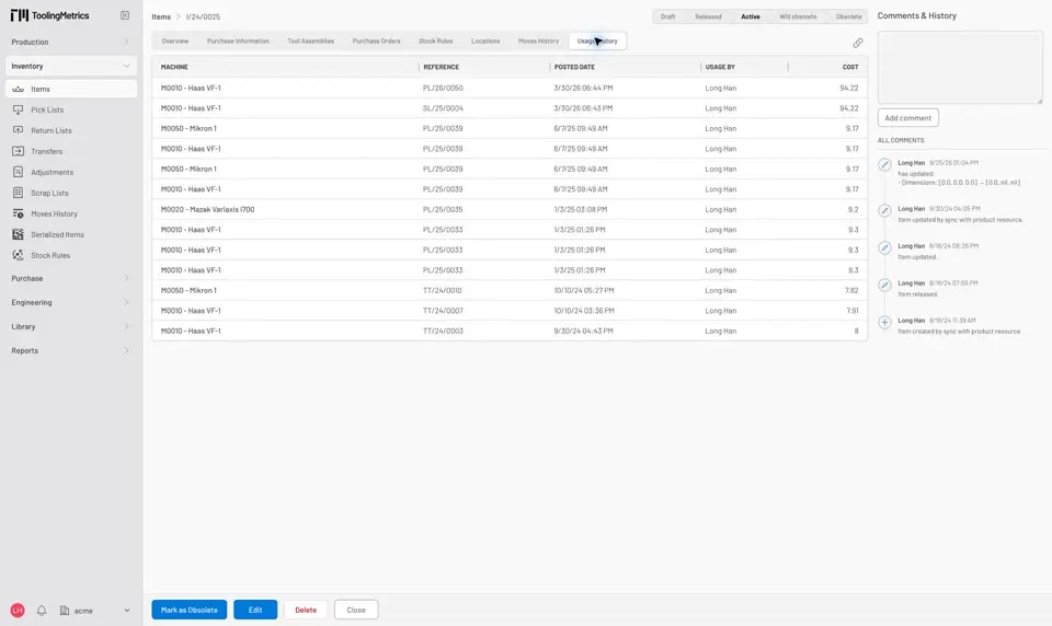 Item usage history with machine, reference, posted date, user, and cost