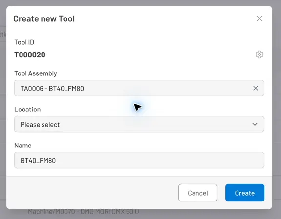 Unsaved Create new Tool form with assembly TA0006 - BT40_FM80 selected, Location unset, and Name filled from the assembly.