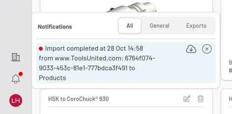 The Notifications panel opened from the bell at the bottom of the sidebar, with an unread Import completed notification and its report download and remove icons