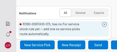 The Notifications panel opened from the sidebar bell over a confirmed service order, with an unread notice that R390-0097A10-07L has no For service stock rule yet