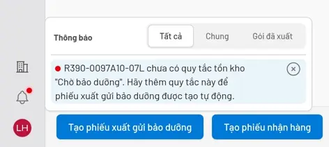 Bảng Thông báo mở từ biểu tượng chuông ở thanh bên, trên một đơn bảo dưỡng đã xác nhận, với thông báo chưa đọc rằng R390-0097A10-07L chưa có quy tắc tồn kho Chờ bảo dưỡng