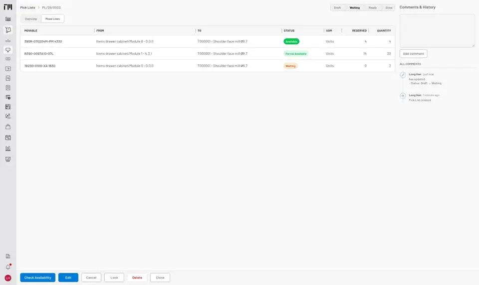Pick list PL/26/0022 in Waiting on its Move Lines tab: one line Available, one Partial Available with 14 of 20 reserved, one Waiting, and Check Availability in the action bar