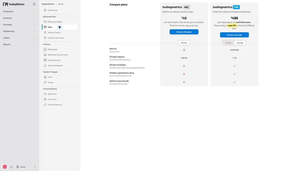 Plan comparison cards with monthly and annual billing options