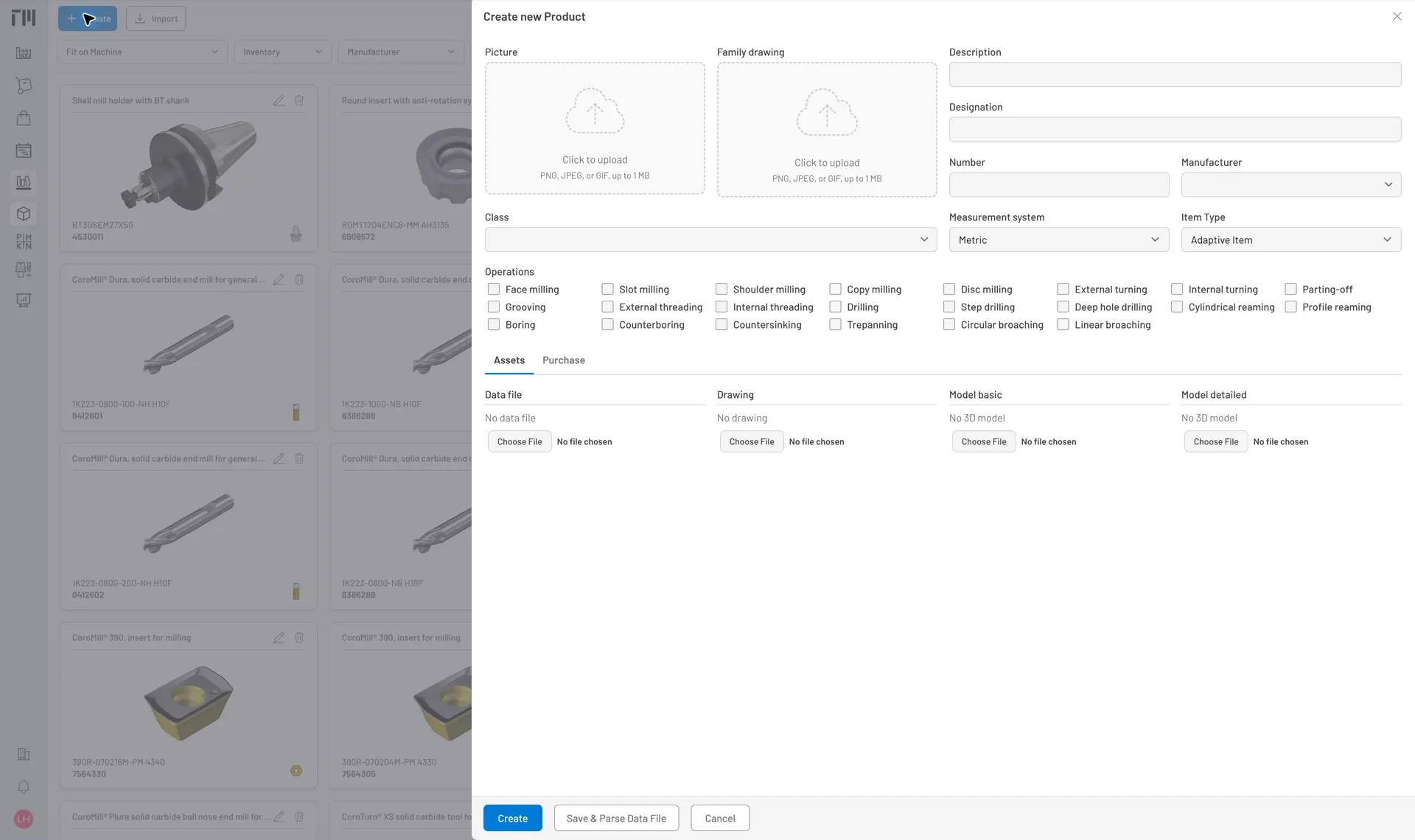 New product form showing Picture, Family drawing, Data file, Drawing, Model basic, and Model detailed attachment slots