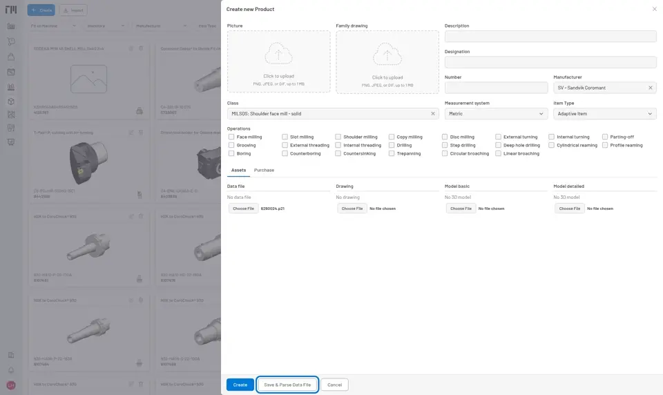 The Create new Product drawer with Sandvik Coromant as Manufacturer, the MILSQS class, and a .p21 file chosen as Data file, with Save & Parse Data File outlined