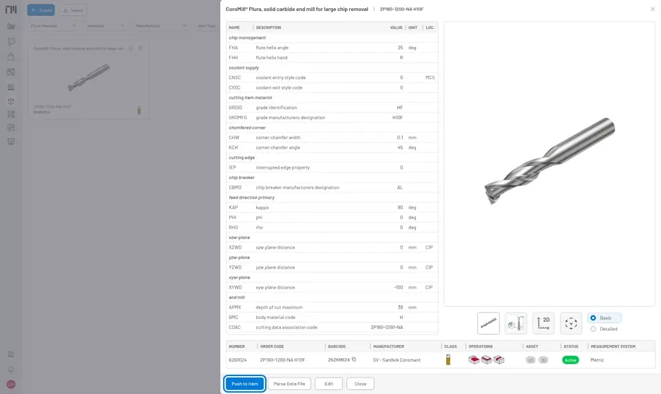 Product drawer for a CoroMill Plura end mill, with Push to Item outlined in the bottom toolbar beside Parse Data File, Edit and Close