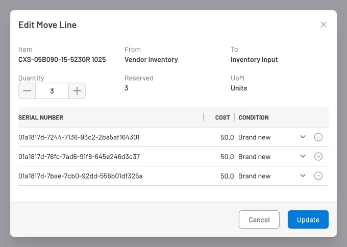 The Edit Move Line overlay on a purchase receipt for three units of a serialized item, with one row per unit showing its generated serial number, cost and condition
