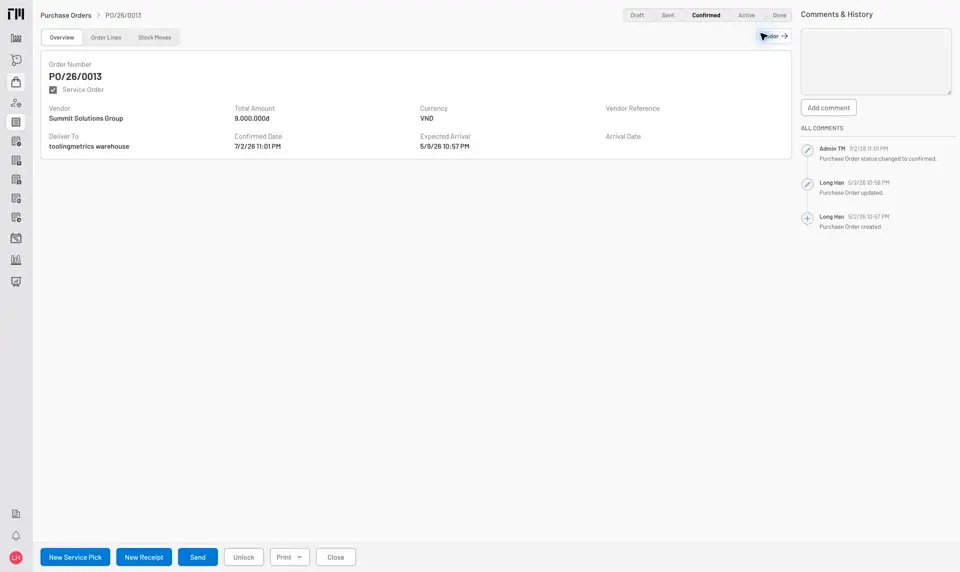 Confirmed service order with the New Service Pick action available