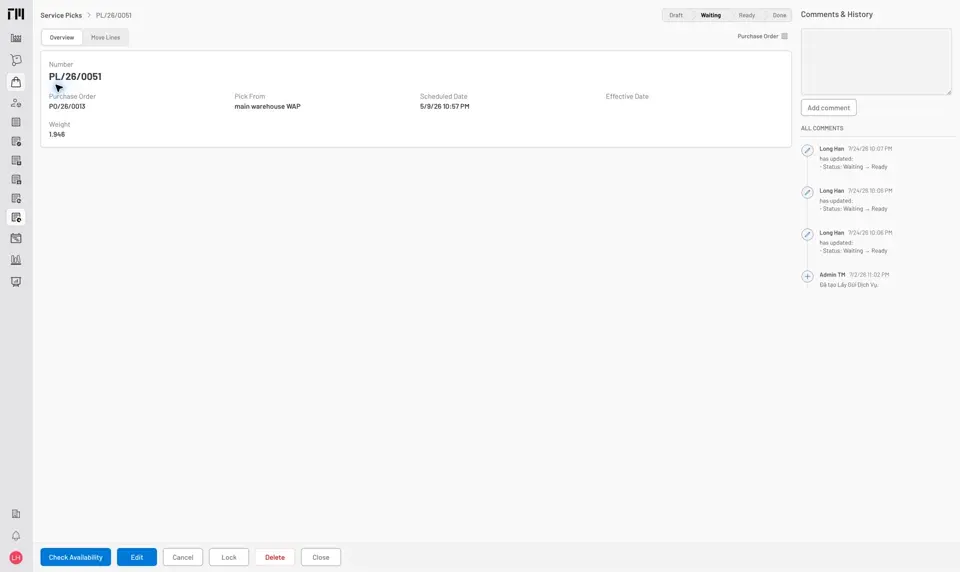 Automatically created service pick with its creation entry in the history panel