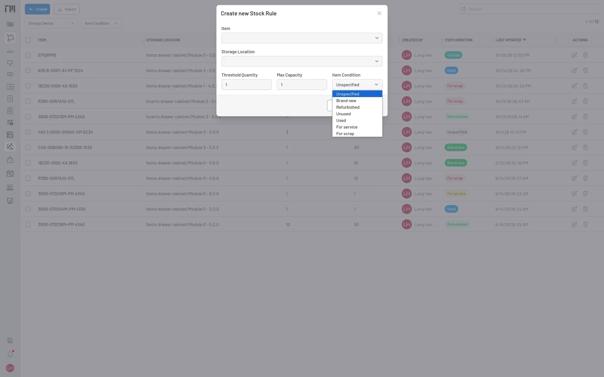 New stock rule form with the Item Condition menu open and For service visible