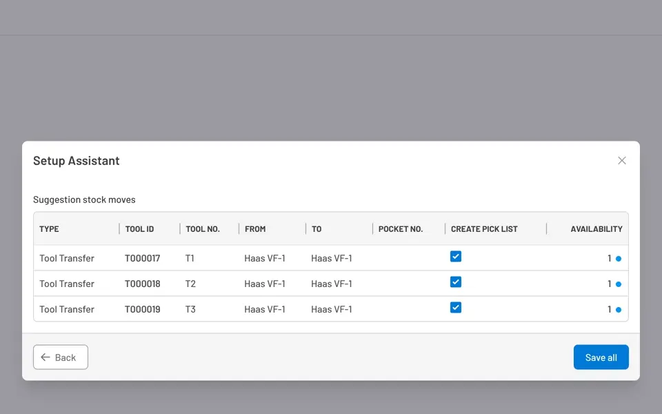 Setup Assistant preview of suggested tool transfers, destinations, pick-list choices, and availability.
