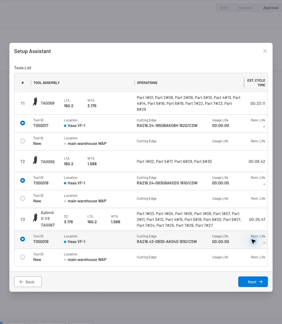 Setup Assistant tool selection with T-codes, existing tool suggestions, and the New option.